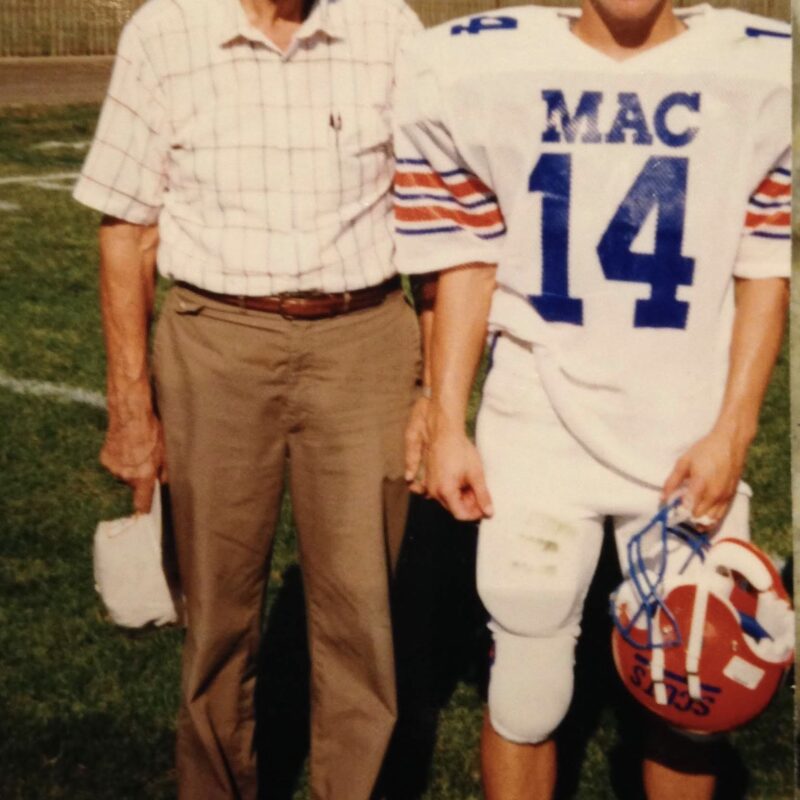 Andy Lundblad, Class of 1990 and his grandfather, John Marvin Lundblad, Class of 1928, after a game at Hamline. Photo from Andy Lundblad.
